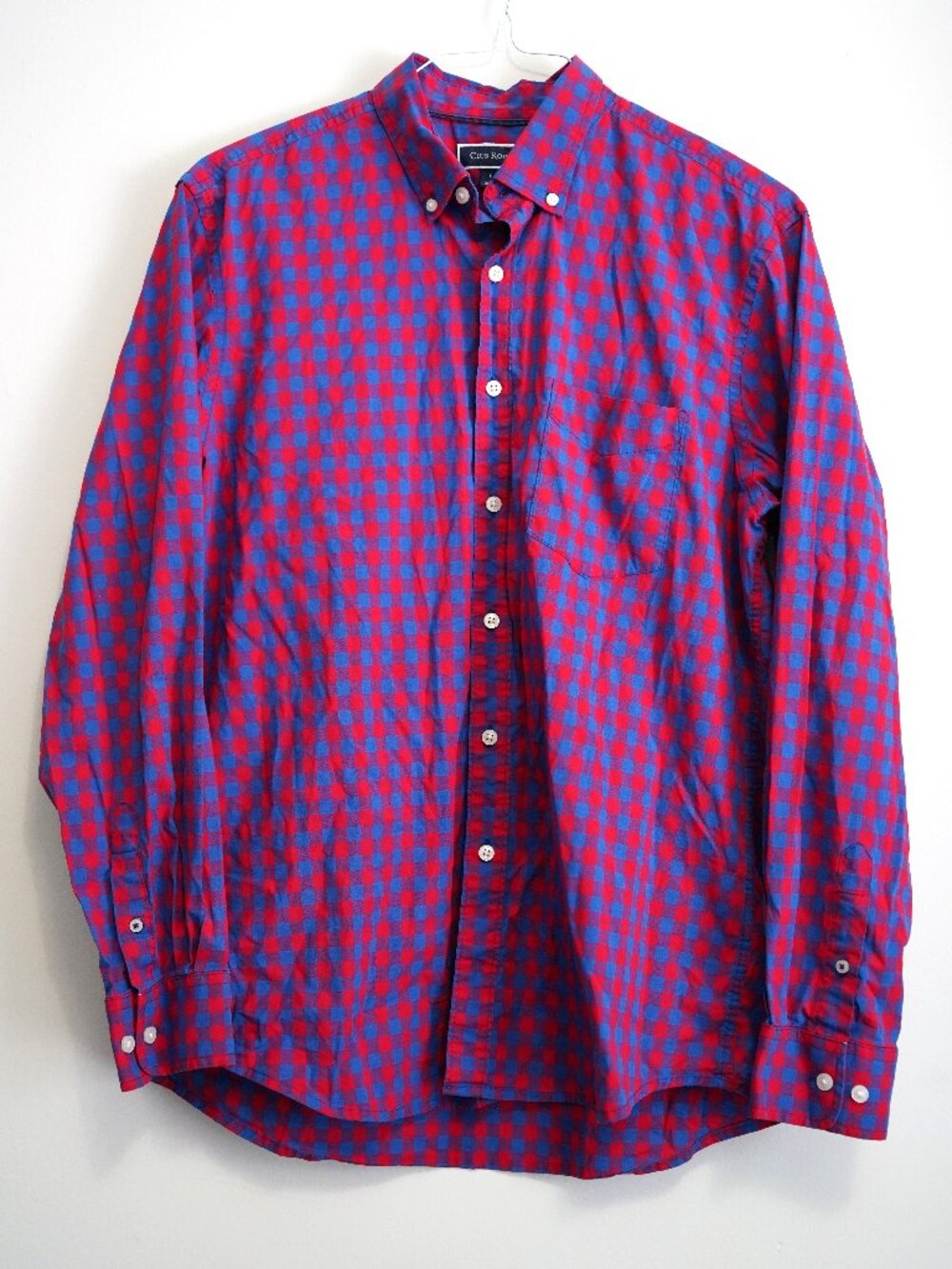 Club Room Button Down Dress Shirt-Mens L-Blue/Red/Purple Plaid-98% Cotton